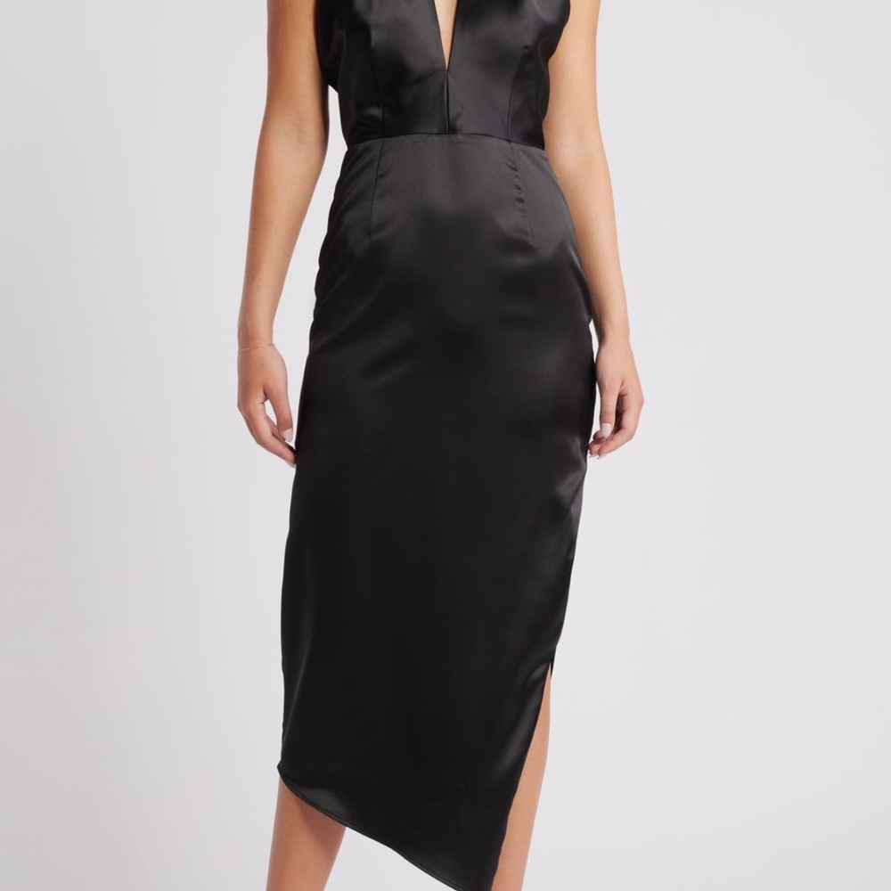 Lulu's Black Asymmetrical Sheath Dress with Plunge Neckline